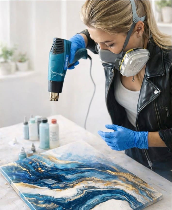 Irina Zadnipriana at work in her studio, working with resin and heat