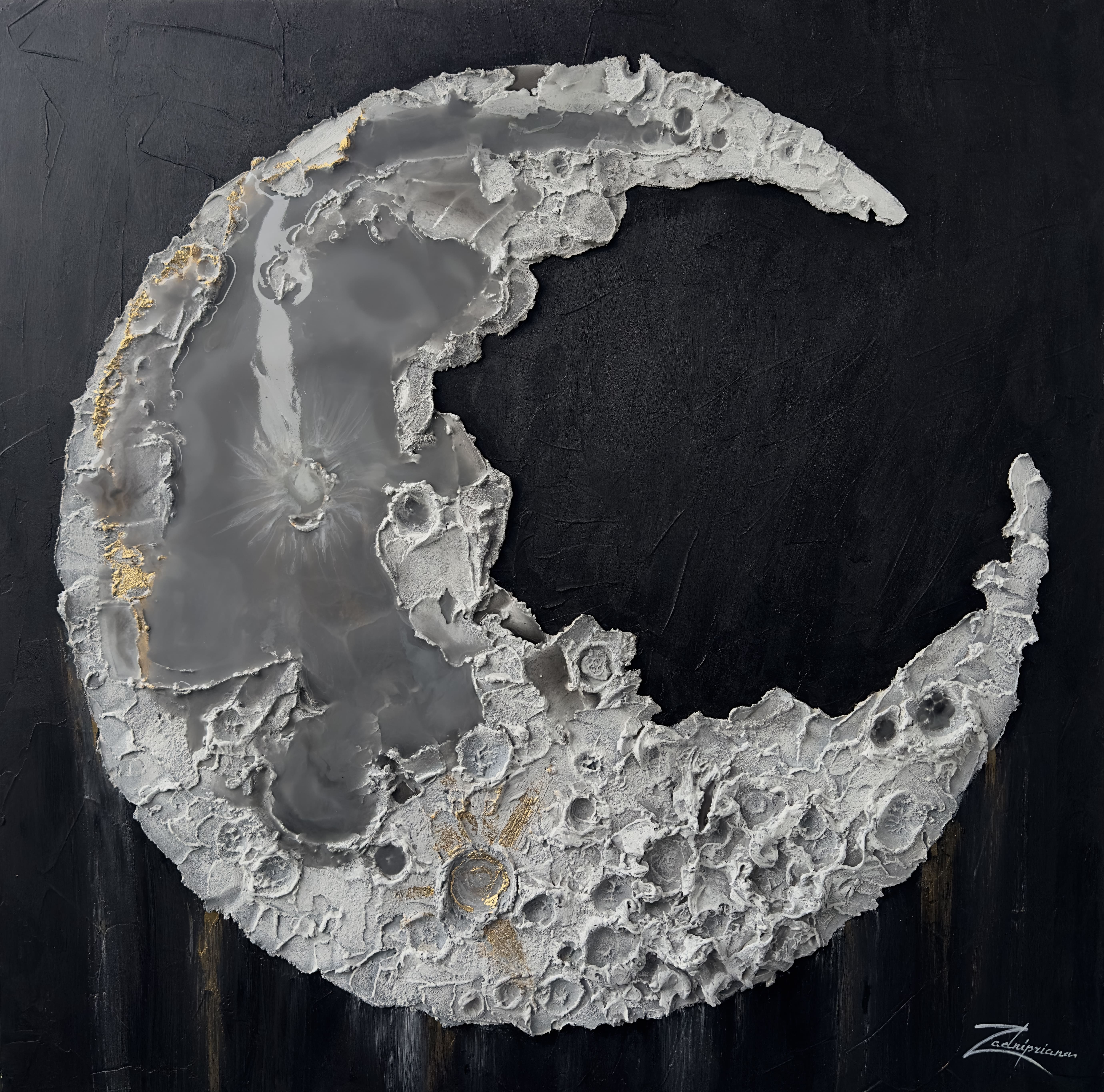 White Moon — mixed media with epoxy resin and texture paste, luminous lunar surface